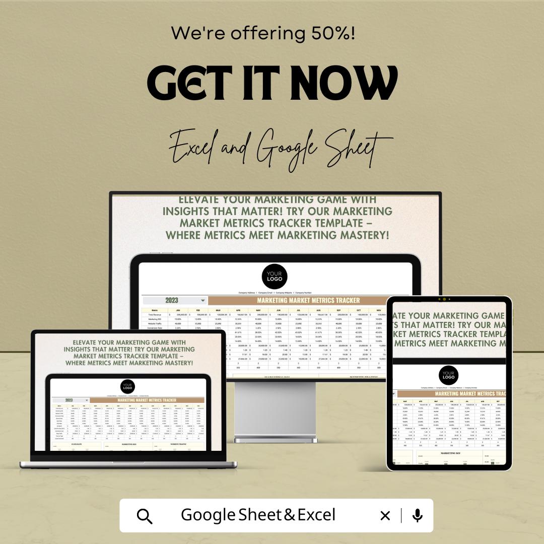 Marketing Market Metrics Tracker Sheet -Google Sheet - Marketing ROI Dashboard - Track Website Traffic & Conversion - Marketing Performance