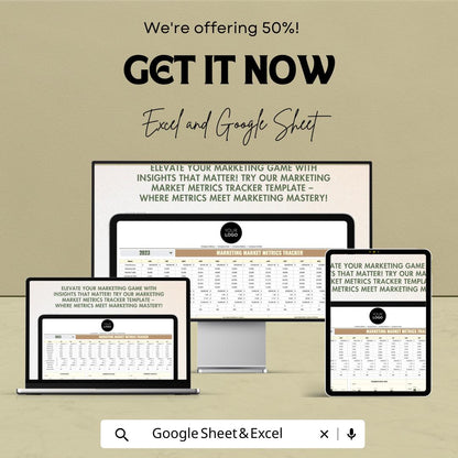 Marketing Market Metrics Tracker Sheet -Google Sheet - Marketing ROI Dashboard - Track Website Traffic & Conversion - Marketing Performance