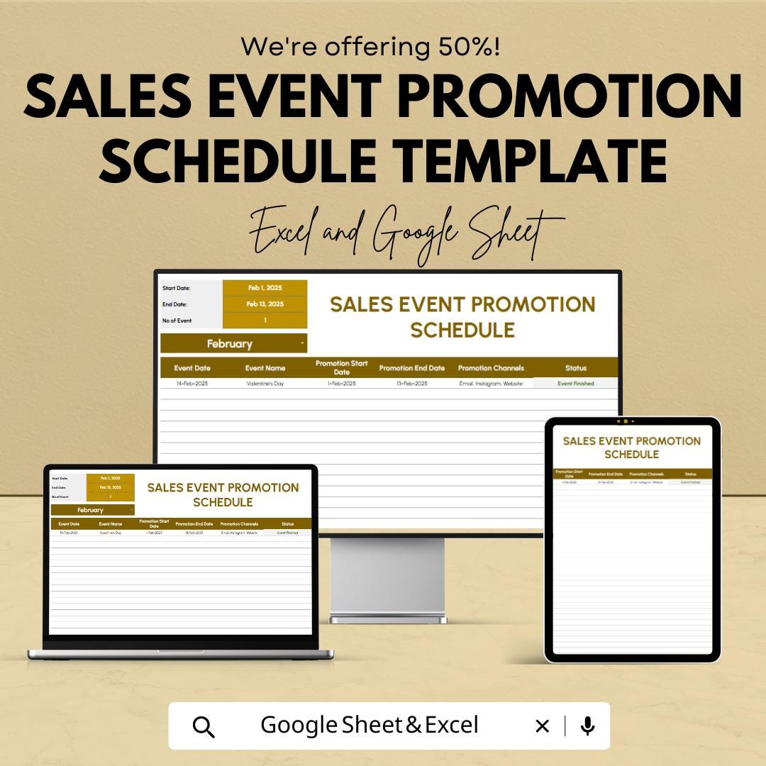 Sales Event Promotion Schedule Template | Marketing Campaign Planner | Event Promotion Calendar | Excel & Google Sheets