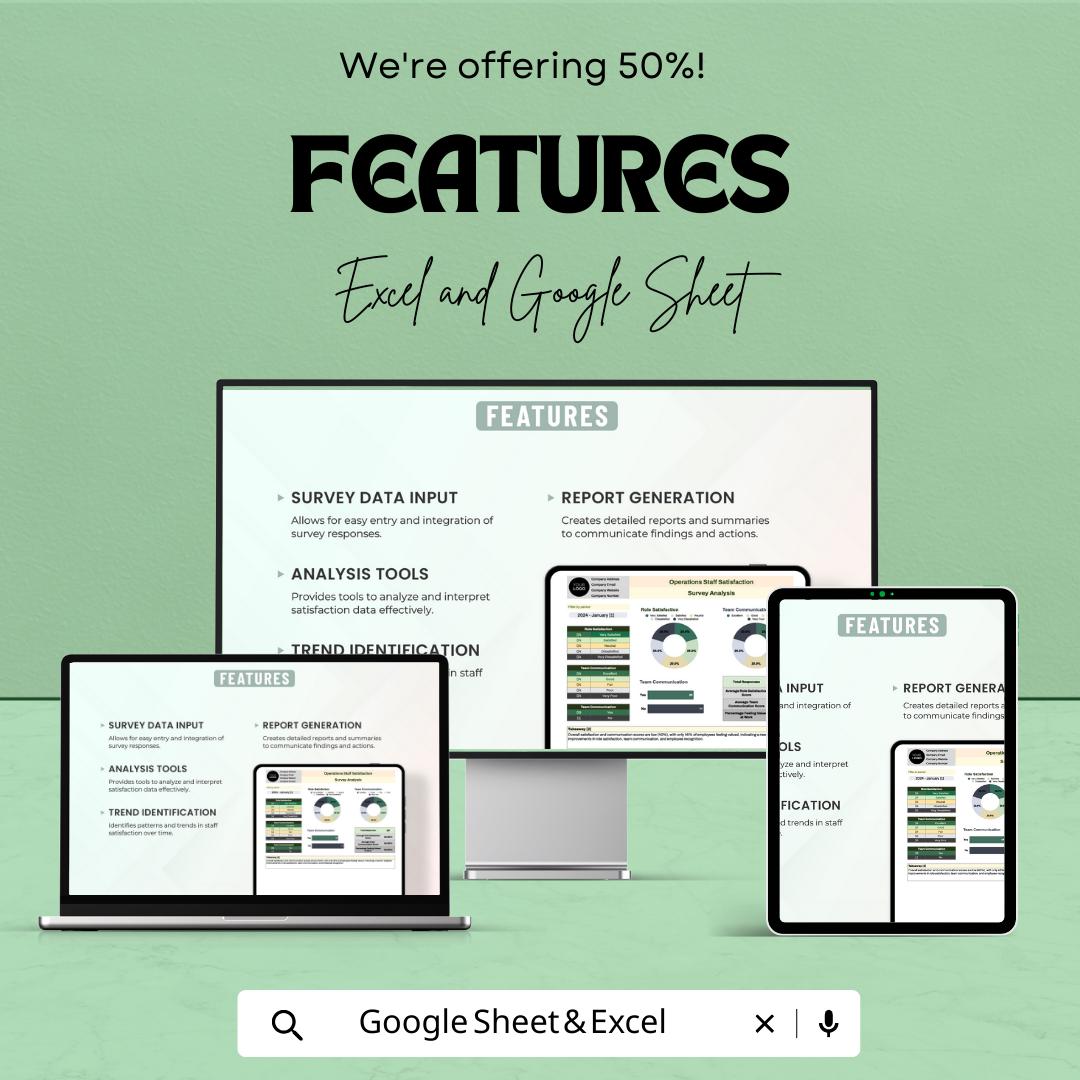 Operations Staff Satisfaction Survey Analysis Template | Employee Feedback Dashboard | Excel & Google Sheets HR Tool