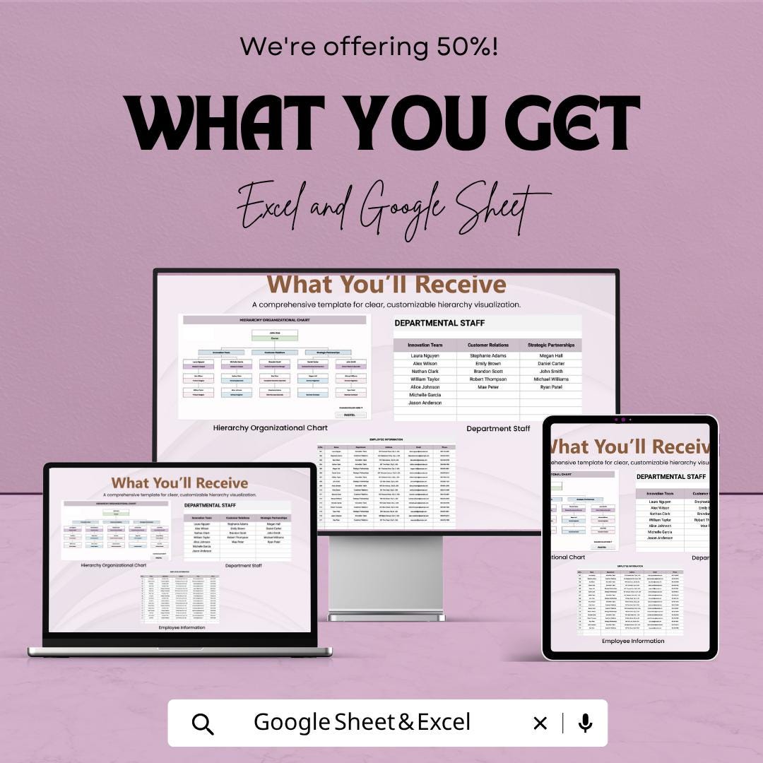 Hierarchy Organizational Chart Template | Org Chart Template Spreadsheet | Company Structure Chart | Team Hierarchy Diagram |