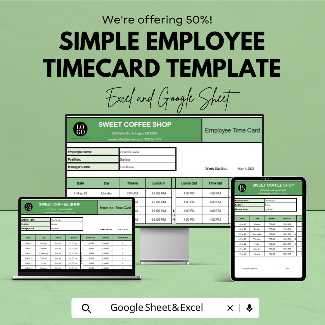 Simple Employee Timecard Template | Printable Timesheet Spreadsheet | Weekly Employee Work Hours Log | Excel & Google Sheets