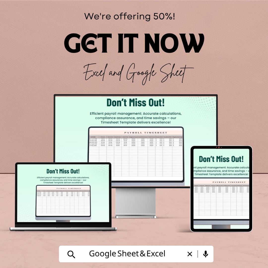 Payroll Timesheet Template | Employee Timesheet Spreadsheet | Work Hours Tracker | Excel & Google Sheets | Payroll Tracker Sheet