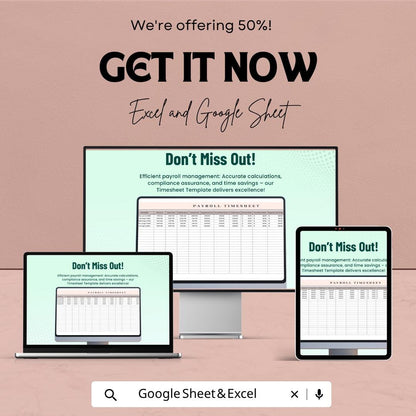 Payroll Timesheet Template | Employee Timesheet Spreadsheet | Work Hours Tracker | Excel & Google Sheets | Payroll Tracker Sheet