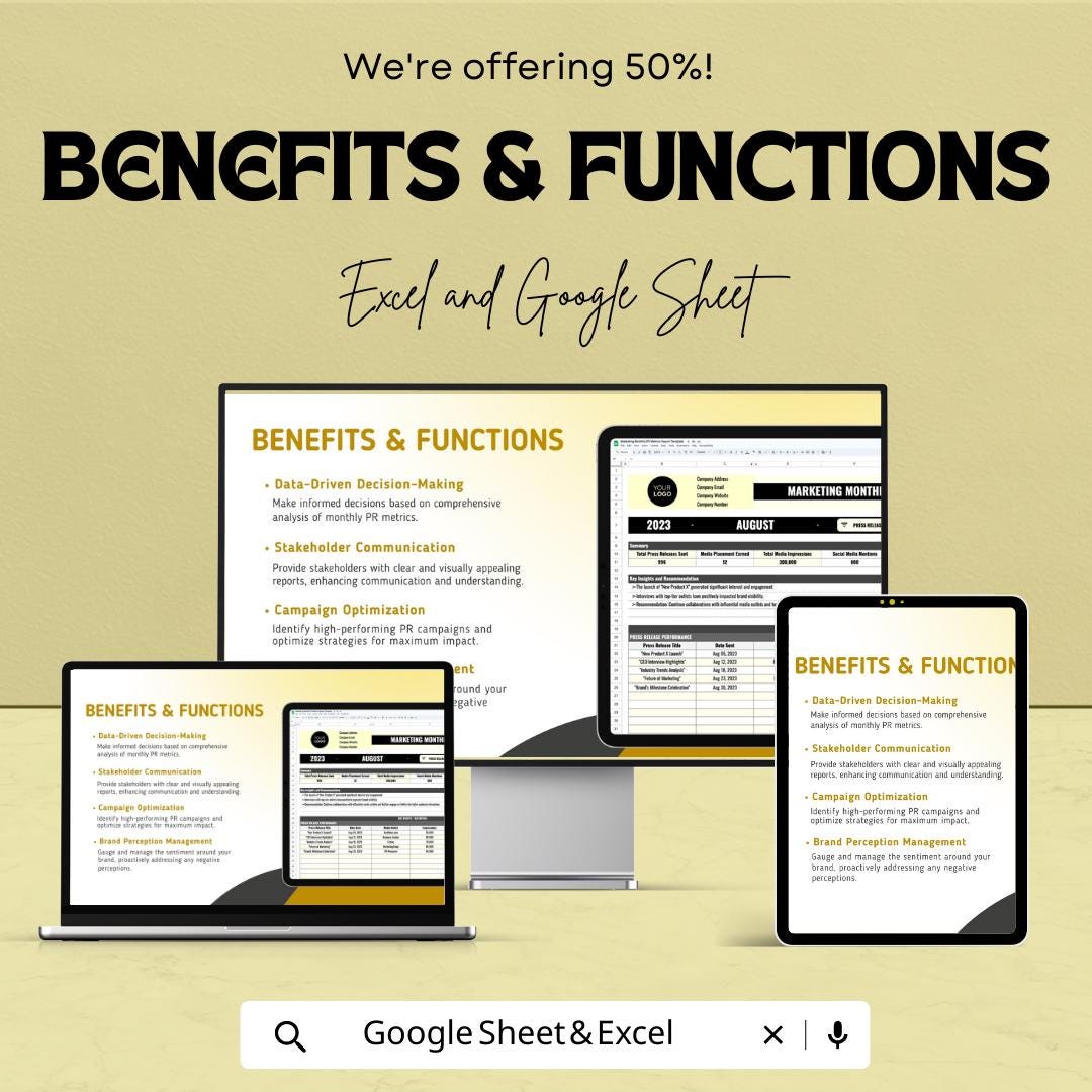 Marketing Monthly PR Report Template, PR Metrics Tracker, Excel & Google Sheets Public Relations Dashboard, Media Coverage Report