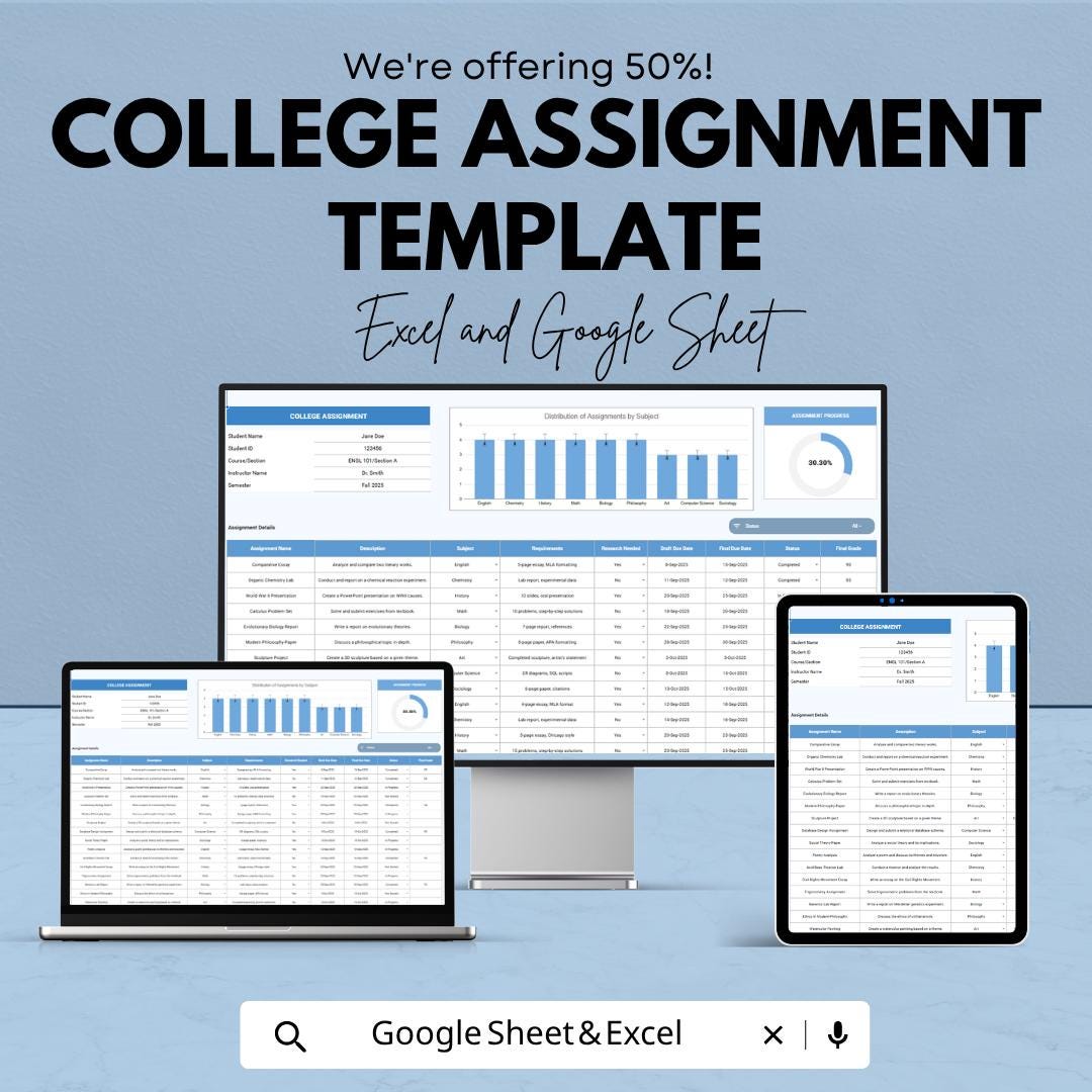College Assignment Template | Student Assignment Tracker | College Planner Spreadsheet | Excel & Google Sheets | Homework Planner Template |