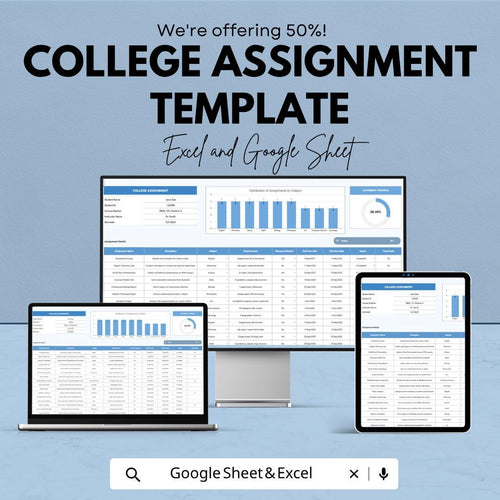 College Assignment Template | Student Assignment Tracker | College Planner Spreadsheet | Excel & Google Sheets | Homework Planner Template |
