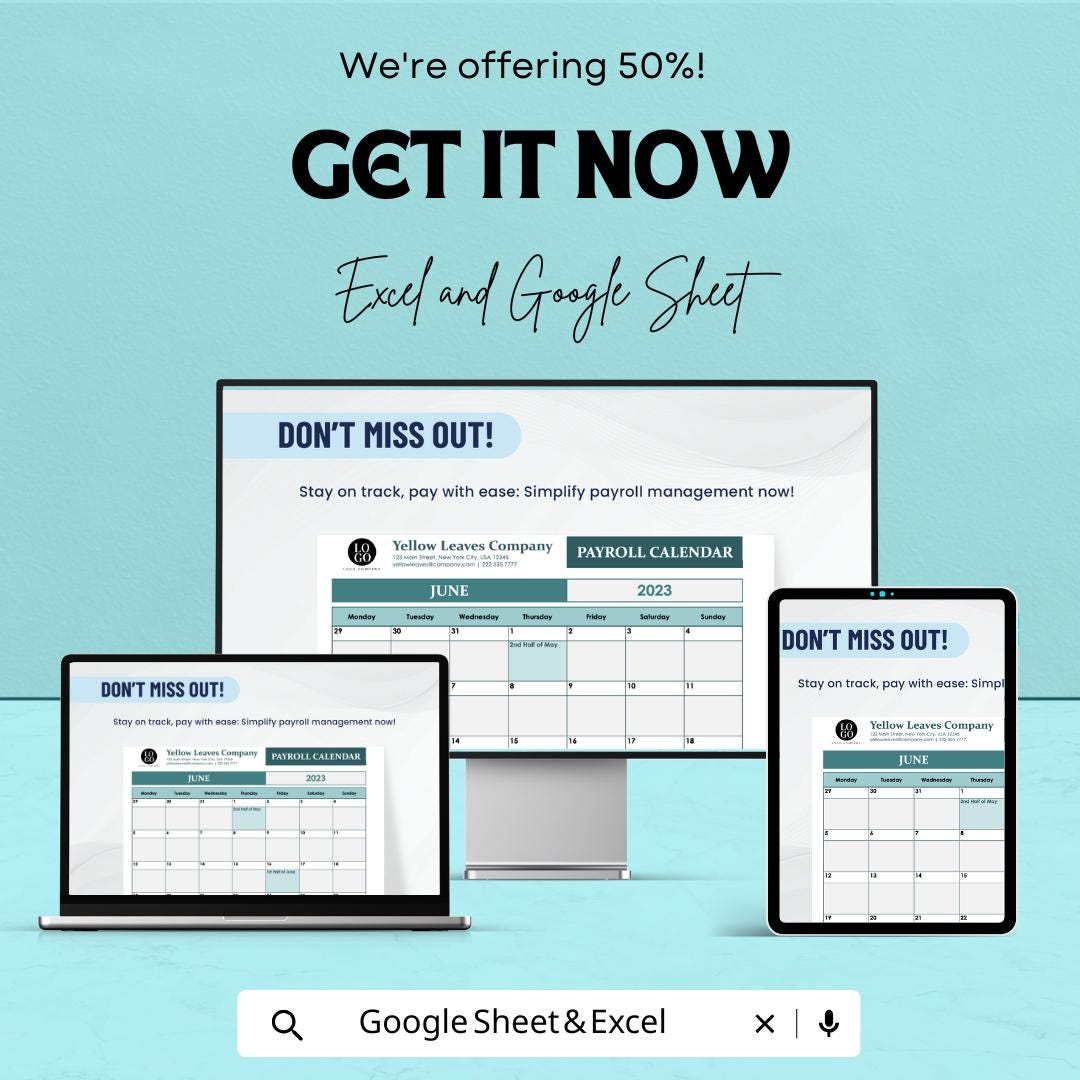 Payroll Calendar Sheet - Excel & Google Sheet - Track Pay Periods, Employee Hours, and Payroll Management Template