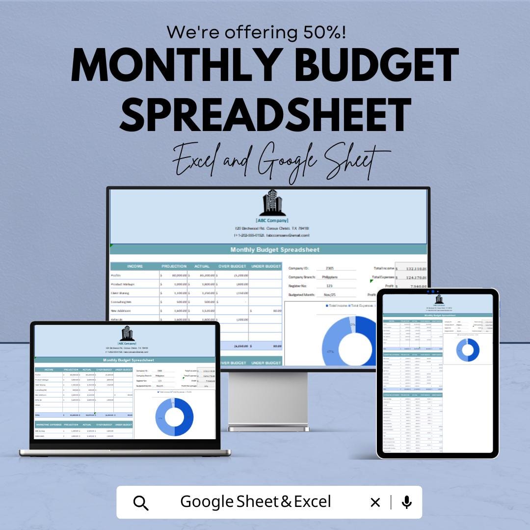 Monthly Budget Spreadsheet Template | Income & Expense Tracker | Financial Planner | Budget Template