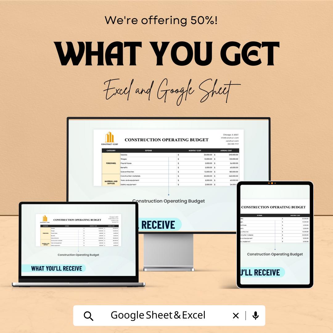 Construction Operating Budget Template | Excel & Google Sheets | Construction Budget Planner | Project Cost Spreadsheet