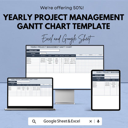 Yearly Project Management Gantt Chart Template | Excel & Google Sheets Project Planner | Annual Timeline Tracker | Task Schedule Spreadsheet