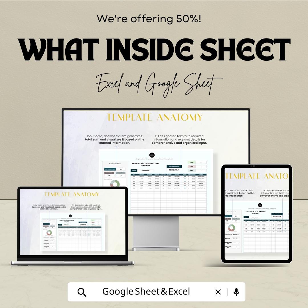 Legal Client Case Outcome Analysis Sheet | Google Sheets | Track Legal Cases & Client Outcomes | Data Analytics Template for Law Firms