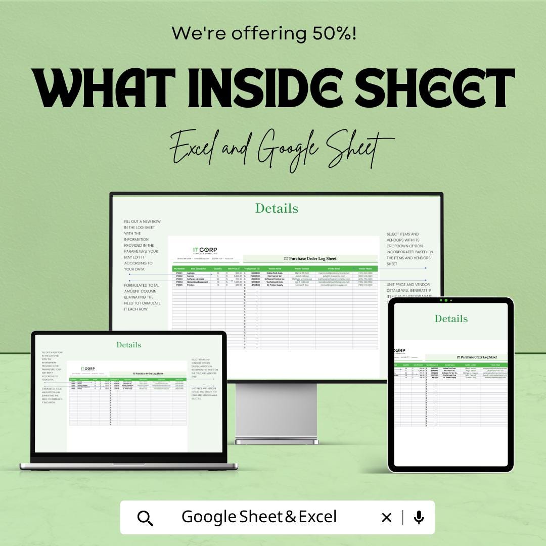 Purchase Order Log Template | IT Purchase Tracker Excel | PO Tracking Sheet | Order Management Spreadsheet | Google Sheets Purchase Log