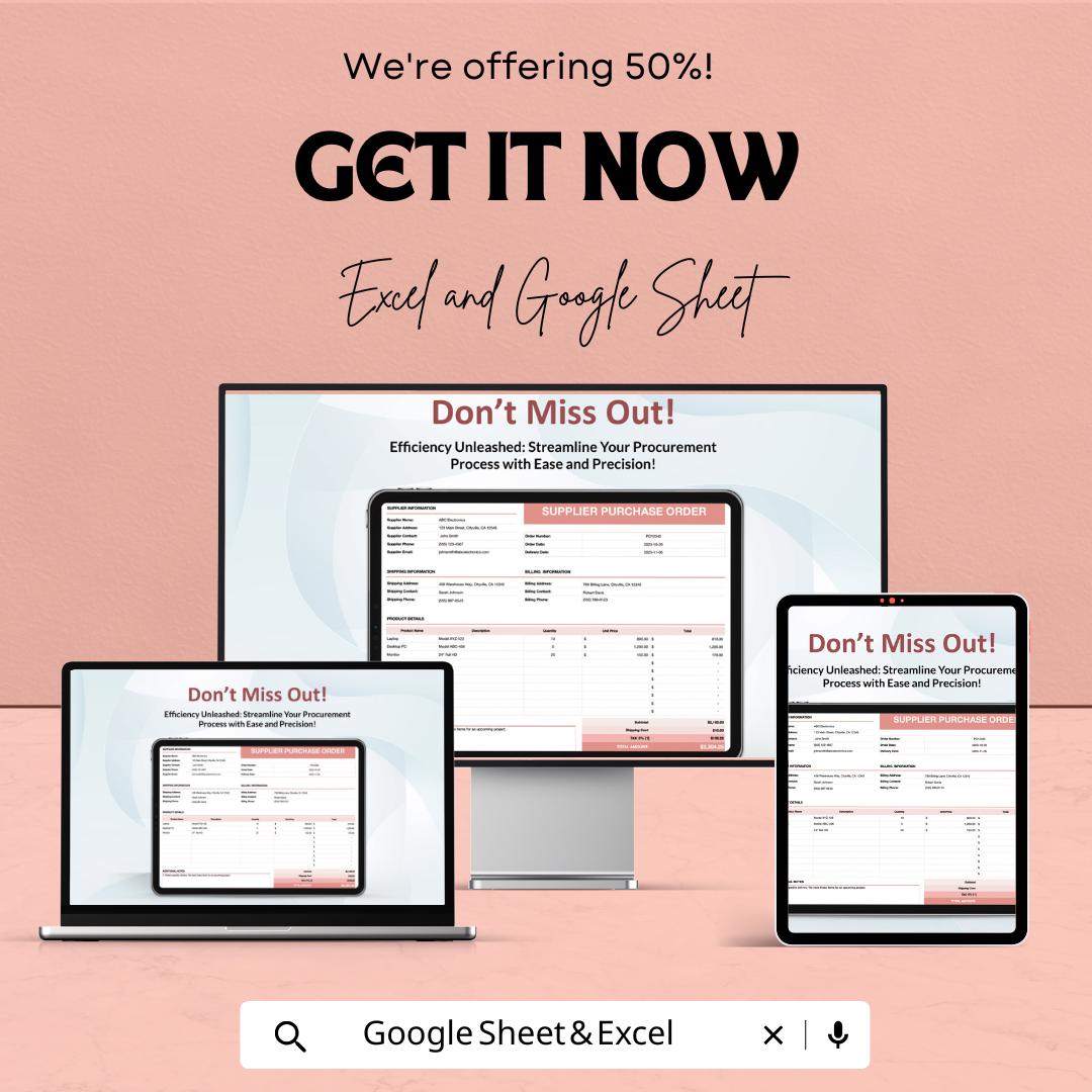 Supplier Purchase Order Sheet | Google Sheets & Excel Template | Procurement Form | Business Order Tracker | Editable PO Template