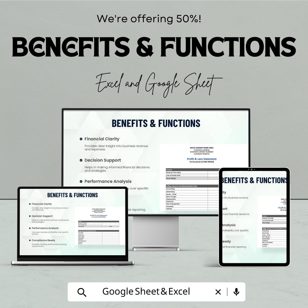 Profit and Loss Statement Sheet | Excel and Google Sheets | Business Finance Tracker | Printable P&L Template | Small Business Accounting