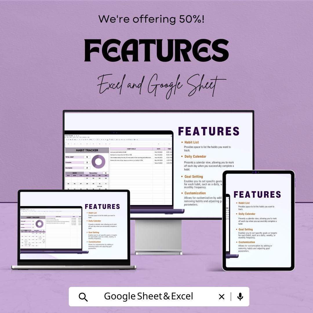 Habit Tracker Sheet - Excel and Google Sheet Template for Goal Tracking and Habit Building - Track Your Daily Habits & Achieve Your Goals